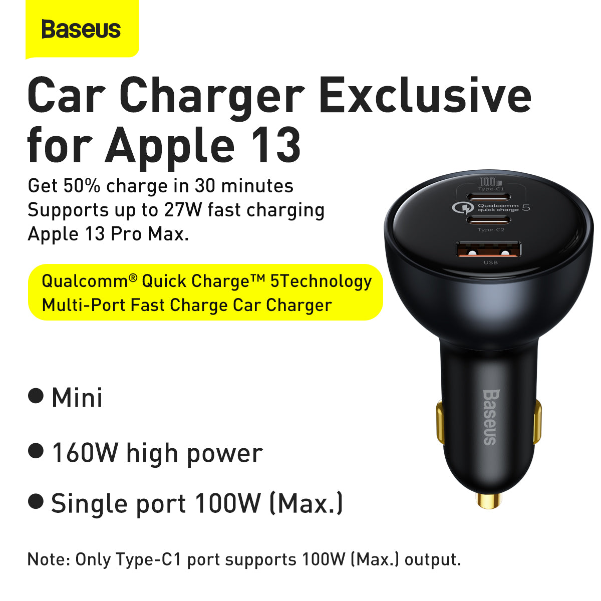 Baseus Quick Charge™ 5 Technology Multi-Port Fast Charge Car Charger C+C+U 160W