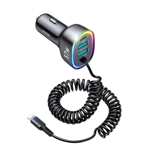 JOYROOM CL20 4 IN 1 PD FAST CAR CHARGER WITH COILED LIGHTNING CABLE