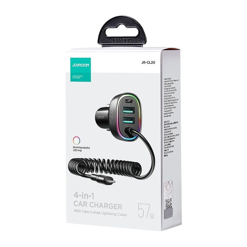 JOYROOM CL20 4 IN 1 PD FAST CAR CHARGER WITH COILED LIGHTNING CABLE